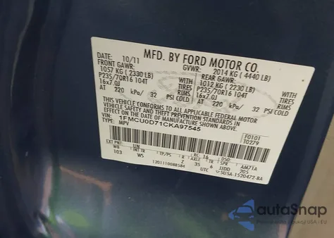 2012 Ford Escape Xlt z USA, uszkodzony, nr VIN 1FMCU0D71CKA97545